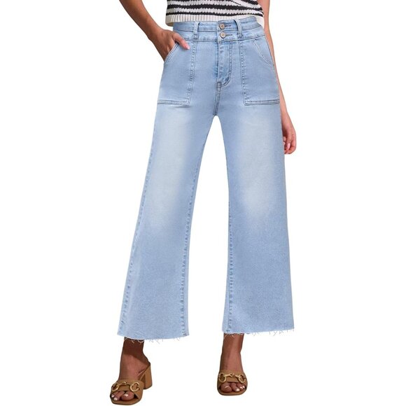 Women's High Rise Cropped Wide Leg Denim Pants Two Button Frayed Hem - Picture 1 of 7